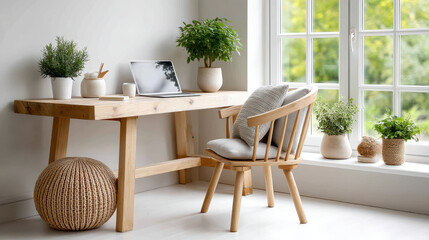 Bright home office nook with minimalist design featuring indoor plants and an organized workspace