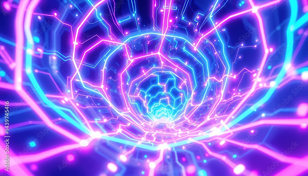 Poster abstract three d neon bio tech illustration featuring a tunnel of interconnected pink and blue lines