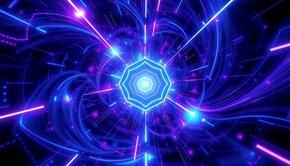 Naklejka premium Bio Tech Neon 3D Illustration with Glowing Geometric Shapes and Swirling Light Lines in Blue and Purple Colors Futuristic Technology Design Perfect for Decoration and Modern Art