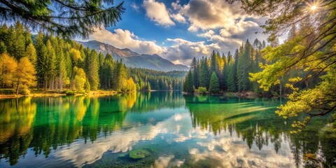 Fototapeta premium Serene Autumn Lake Reflecting Majestic Mountains and Lush Evergreen Forest Under a Brilliant Sunny Sky