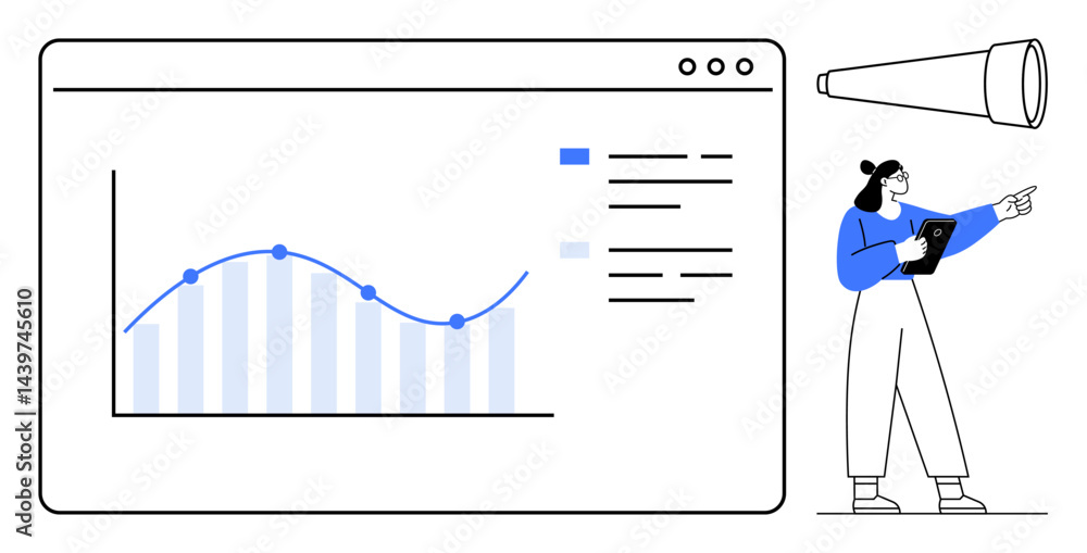 Poster tablet user analyzes growth chart and trends on a digital dashboard. ideal for data tracking, analys