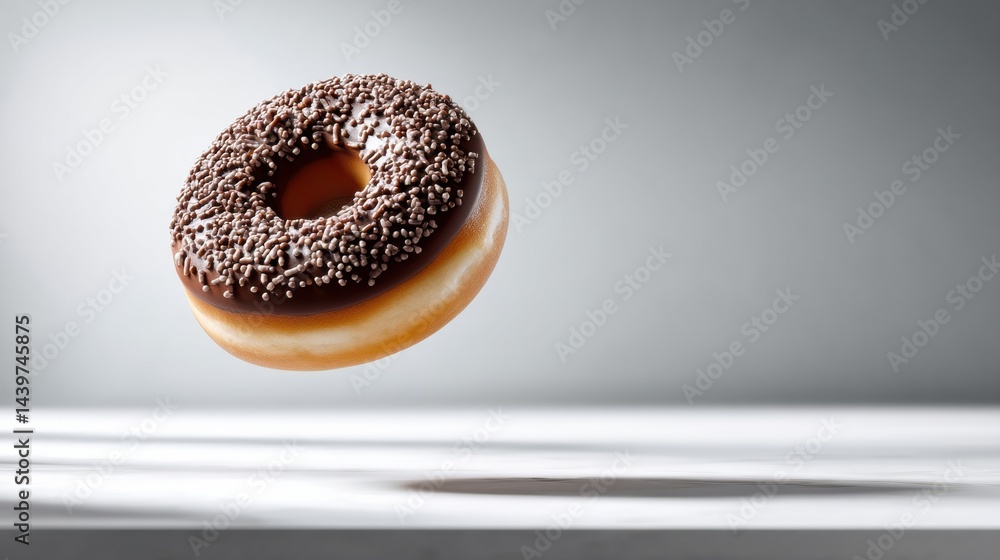 Poster donut levitating above a white surface with soft shadows creating a clean and minimalistic aesthetic