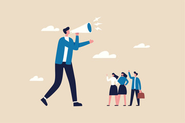 Dominant leader, bossy manager using authority power to order and control employee to work, contrast and conflict management concept, giant businessman manager using megaphone to order employee.