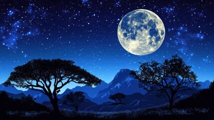 Fototapeta premium Nighttime landscape with full moon and starry sky over mountains and trees