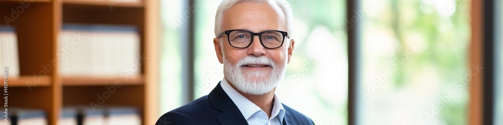 Poster a man with a beard and glasses is smiling in front of a bookshelf. he is wearing a blue suit and a b