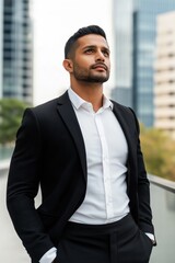 Fototapeta premium A man in a suit and tie stands on a balcony looking out over a city. He is in a contemplative mood, perhaps reflecting on his life or his career. Concept of professionalism and sophistication
