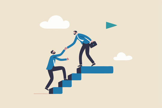Business mentor or leadership help colleague to succeed and reach goal achieve target, mentorship, support or help career success, businessman leader help employee climb to target at top of stair.