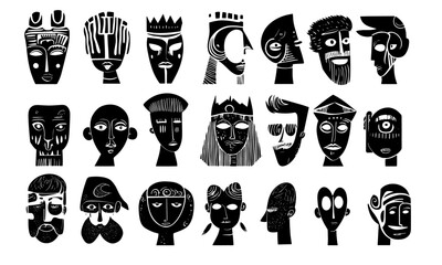 Set of black linocut style vector surreal contemporary faces mask characters, weird, weirdo, face, head