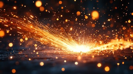 Industrial sparks explosion on dark metal surface with bokeh background
