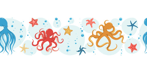 Obraz premium Seamless Horizontal Border with Playful Octopuses, Bubbles and Starfish. Underwater Ocean Pattern for Fabric, Wallpaper and Stationery Design. Repeatable Vector Illustration.