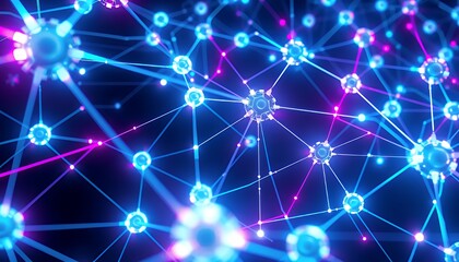 Fototapeta premium Detailed 3D Neon Biotech Illustration Featuring Interconnected Blue and Pink Glowing Nodes Against Dark Background Suitable for Scientific and Technological Concepts