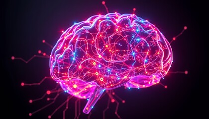 Detailed 3D Neon Brain Illustration with Pink and Blue Glowing Lights on Dark Background Perfect for Technology and Science Projects and Presentations Medical or Educational Purposes