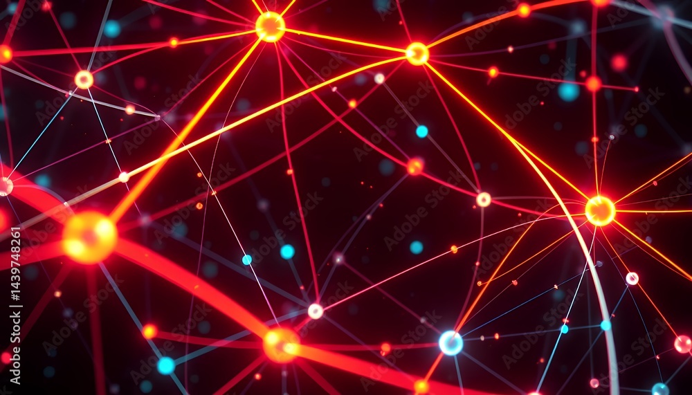 Poster detailed 3d network illustration with glowing red and orange nodes interconnected by lines on a dark