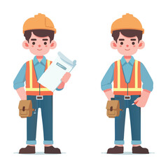 Friendly Construction Worker Holding Plans on Job Site Illustration