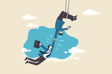 Reliable and honesty to believe in work together, integrity or trust for partnership, support and reliable to help success together concept, businessman acrobat hold hand tight by trusted partner.