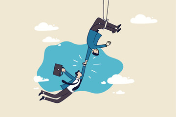 Reliable and honesty to believe in work together, integrity or trust for partnership, support and reliable to help success together concept, businessman acrobat hold hand tight by trusted partner.