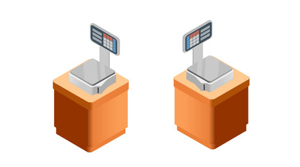 Isometric digital weighing scales. Electronic price calculation equipment. Retail weighing devices with displays. Commercial measurement tools. Vector illustration isolated on white background