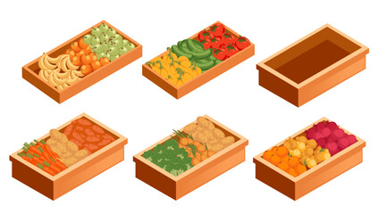Isometric set of produce crates. Wooden boxes with colorful vegetables and fruits. Market display containers. Food market storage. Vector illustration isolated on white background