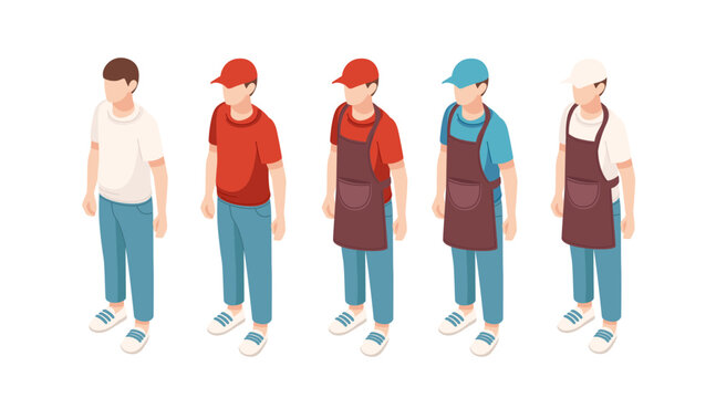 Isometric set of food service workers. Staff in different colored uniforms. Restaurant employees with various outfits. Service industry personnel. Vector illustration isolated on white background.