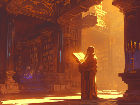 A majestic scene symbolizing wisdom and knowledge, featuring a sage holding a glowing book in an ancient library, beautifully illuminated by smooth side light.