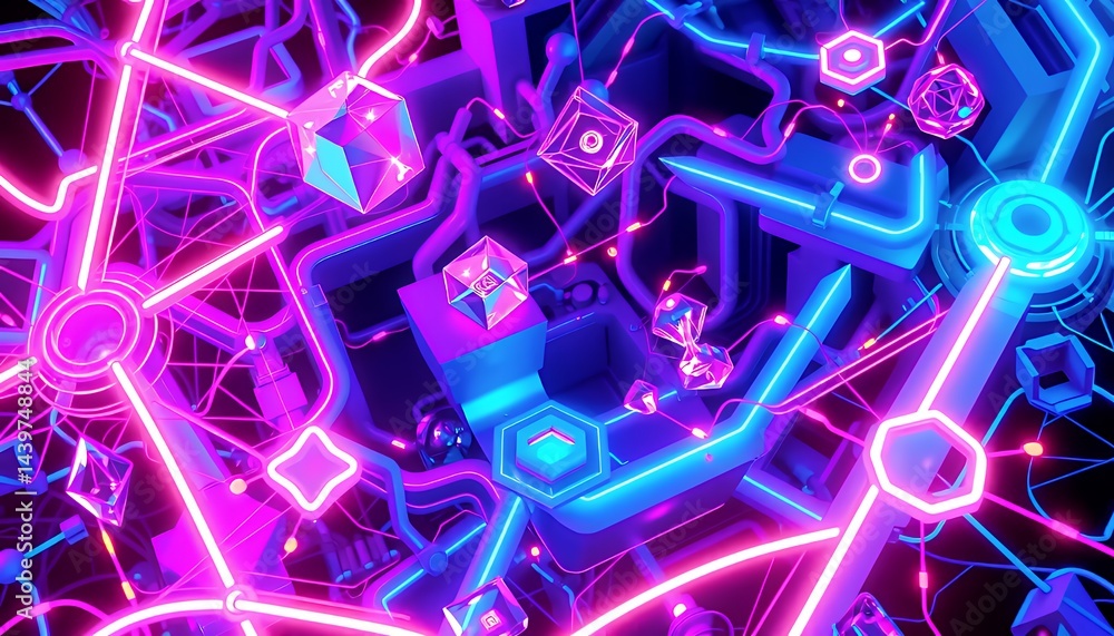 Poster dynamic 3d neon abstract with interconnected purple and cyan lines and geometric shapes creates futu