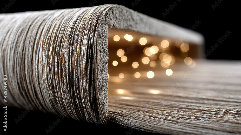 Poster close-up view of a woven material composed of pure light displaying a soft yet energetic texture