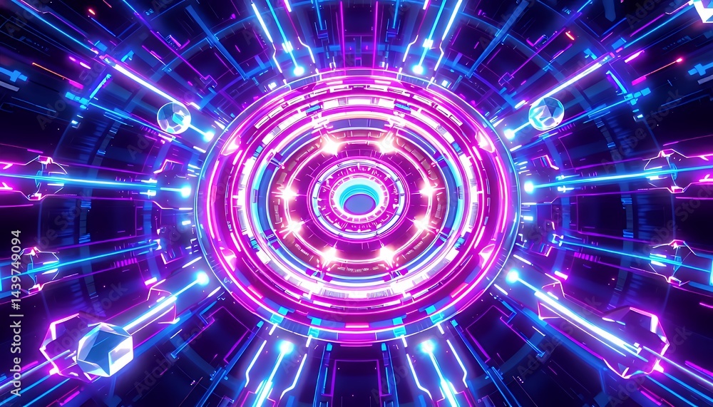 Aufkleber dynamic 3d neon bio tech illustration with interconnected circuits and pulsating light rings in vibr