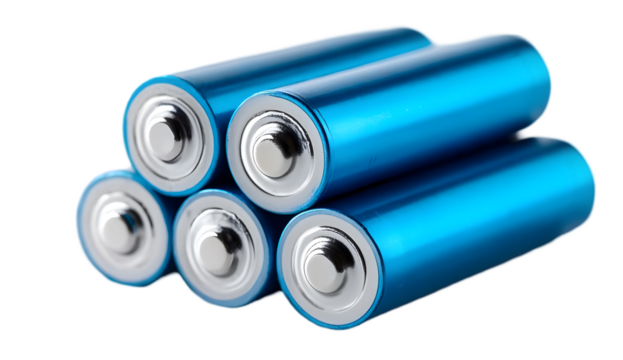 A close-up view of five blue lithium batteries stacked together, showcasing their metallic ends and sleek design, perfect for tech and energy themes.