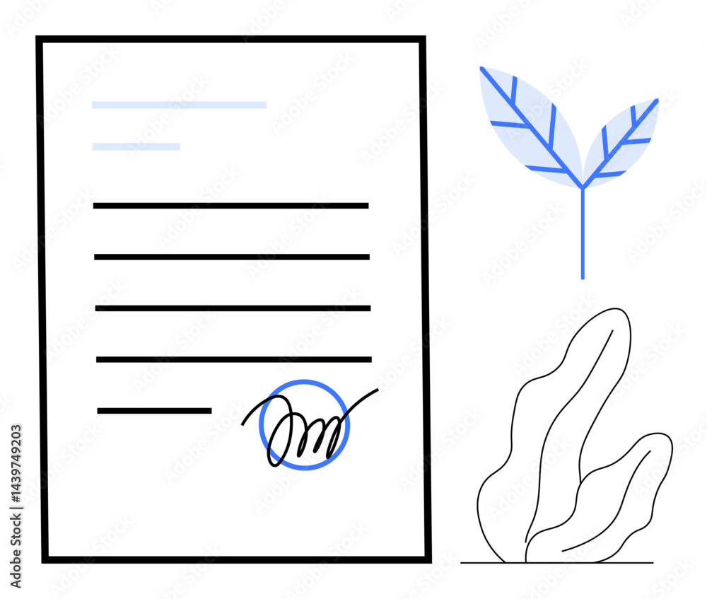 Poster document with signature and line details, paired with abstract botanical elements. ideal for contrac