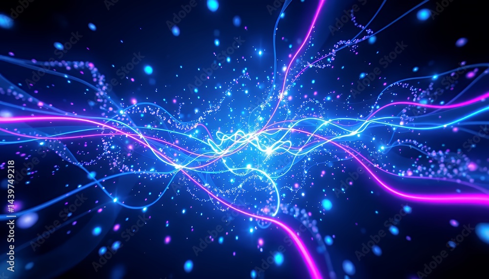 Poster dynamic 3d neon bio tech illustration with luminous particles and flowing lines against a dark blue 