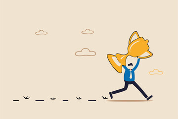 Success footprint, story from leader or winning entrepreneur, motivation to learn how success people achieve target concept, success businessman carrying big trophy walking leaving footprint to follow
