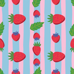 Strawberry and leaf on striped background, seamless vector pattern
