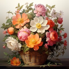 Vibrant blooms in a woven basket, a captivating still life of colorful roses, peonies, and other flowers. A burst of color and beauty.