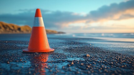 Orange traffic cone on wet asphalt beach road at sunrise