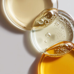 Clear water bubbles and gold oil, gel, soap, liquid with drops, oil foam, abstract natural bubbling texture, vitamin, clean beauty, cosmetic serum oil, skin treatment collagen, moisture, 3d render