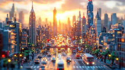 Fototapeta premium Miniature cityscape, sunrise, city street, traffic