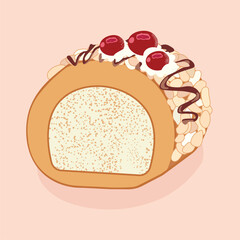 Vector Illustration of Swiss Roll Cake with Almonds, Chocolate, and cherries on top