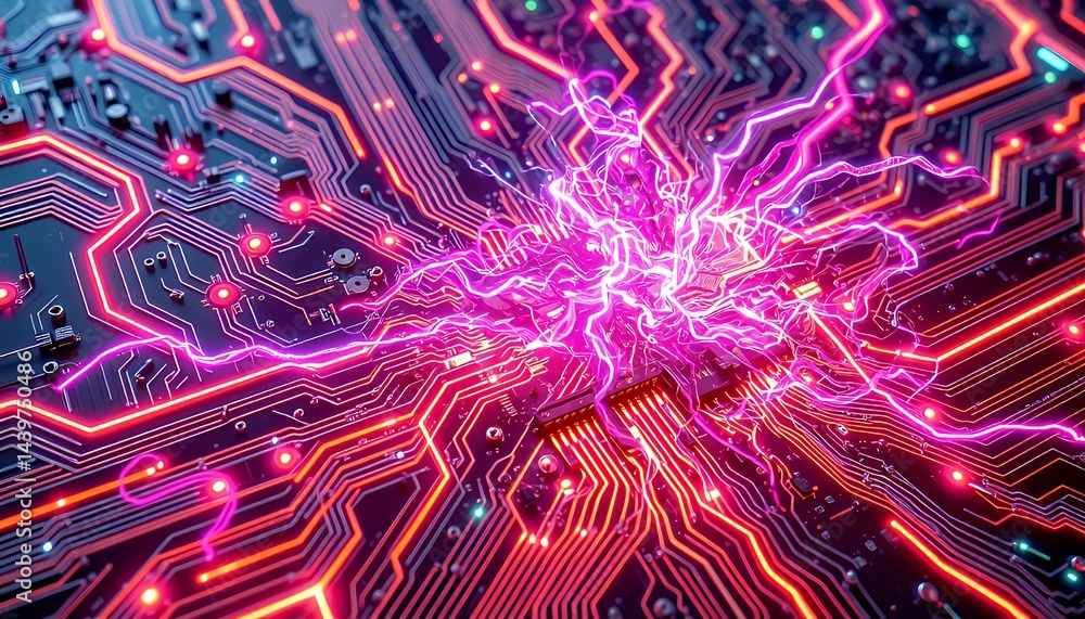 Poster dynamic 3d neon biotech illustration with red and pink glowing circuits on dark backdrop abstract fu