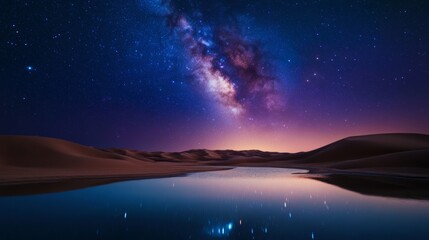 Fototapeta premium The stunning beauty of the Milky Way arching above a still desert oasis, reflections shimmering in the water,