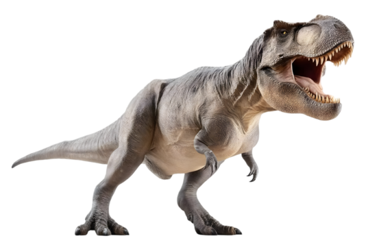 A detailed, lifelike representation of a Tyrannosaurus Rex, showcasing its massive size, fierce teeth, and dynamic posture, perfect for educational content.