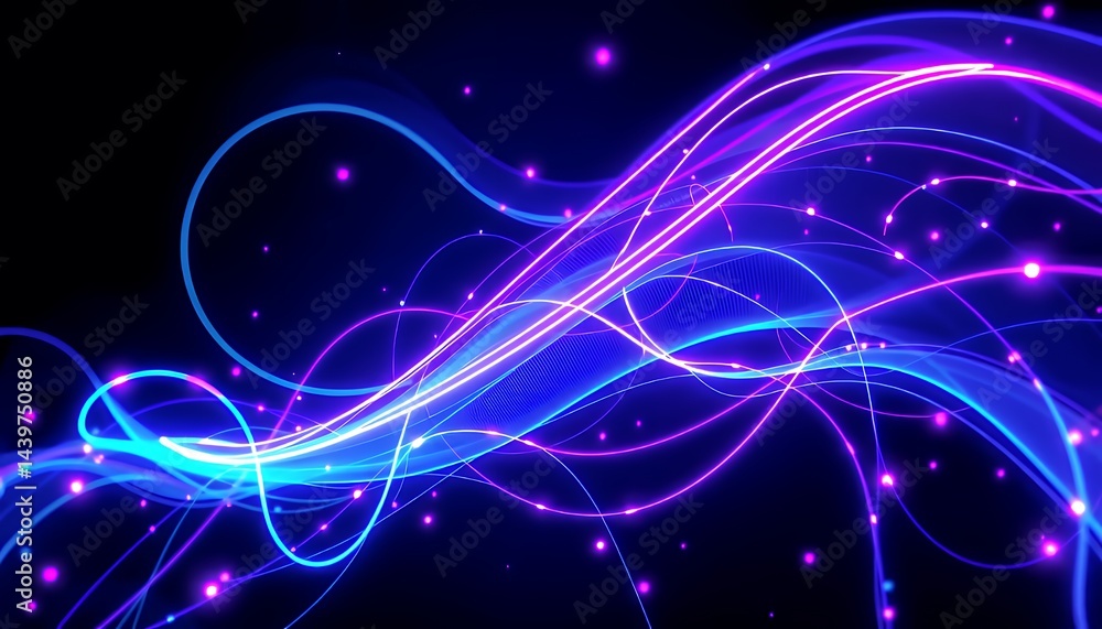 Poster dynamic 3d rendering of swirling neon lines and particle effects in blue and purple on a black backg