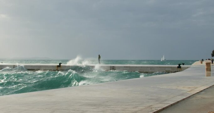 Strong Waves from the Jugo Wind Crash on the Promenade in Zadar, Croatia