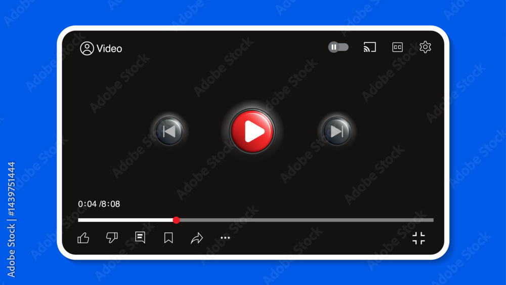 Poster mobile social media video player ui template – app interface mockup with play, forward, backward, li