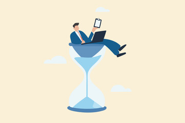 Work against deadline, time counting down to finish project, efficiency to spend time to complete work within timeline concept, busy businessman working with laptop inside hourglass count down timer.