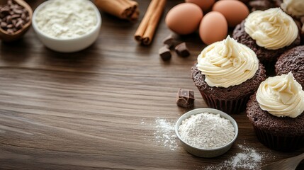 Fototapeta premium Delicious chocolate cupcakes with creamy frosting baking ingredients food eggs wood dark oven sweet