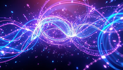 Dynamic Spiraling Neon Biotech Illustration in 3D Featuring Vibrant Blue and Pink Lines Intertwined Against a Dark Backdrop Glowing Bright and Modern Perfect for Decoration