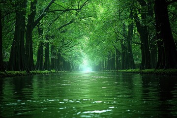 Obraz premium Serene canal path under lush green trees, sunlight at the end.