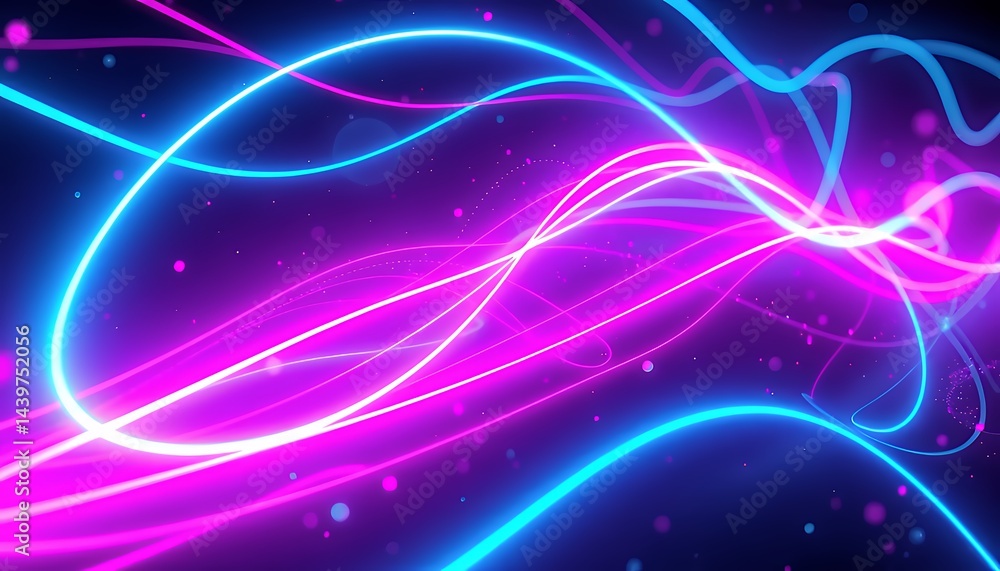 Poster energetic abstract 3d neon lines with pink and cyan light in dynamic curves intertwined over dark ba