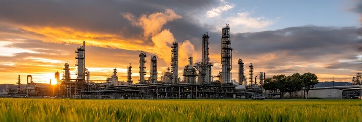 Obraz premium Oil refinery at sunset over a field