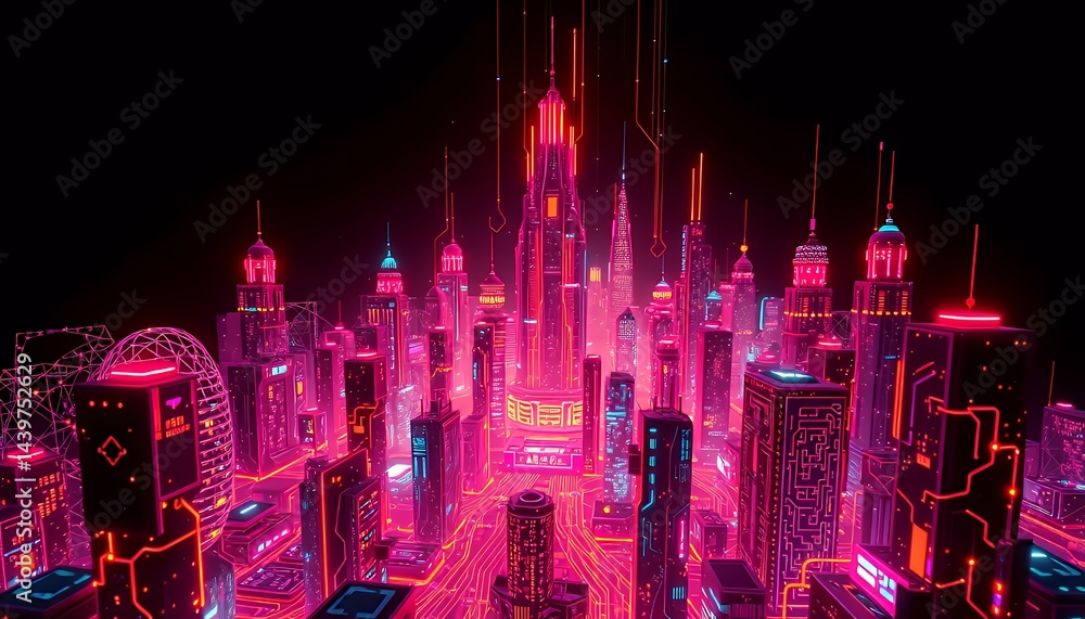 Poster futuristic neon cityscape in 3d rendering with pink and blue lights on skyscrapers against dark back